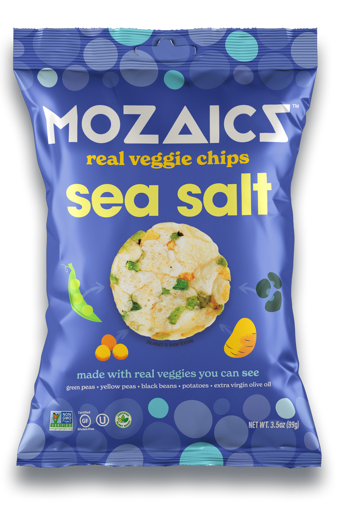 Healthy snack Mozaics Real Veggie Chips, packet of Mozaics Sea Salt Chips