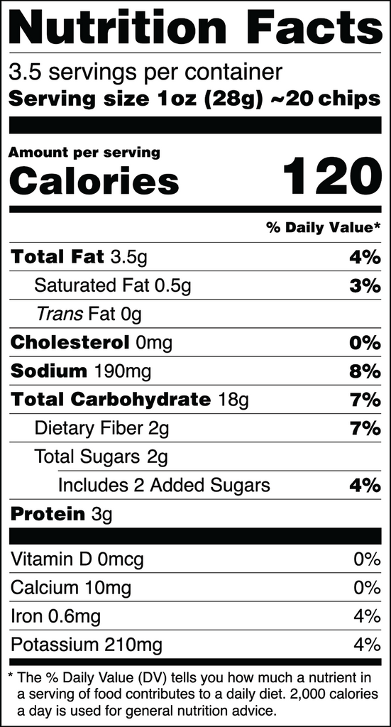 Healthy snack Mozaics Real Veggie Chips, nutrition facts for Mozaics BBQ