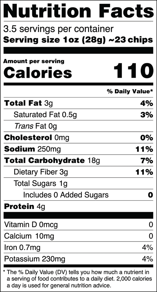 Healthy snack Mozaics Real Veggie Chips, nutrition facts for Sea Salt