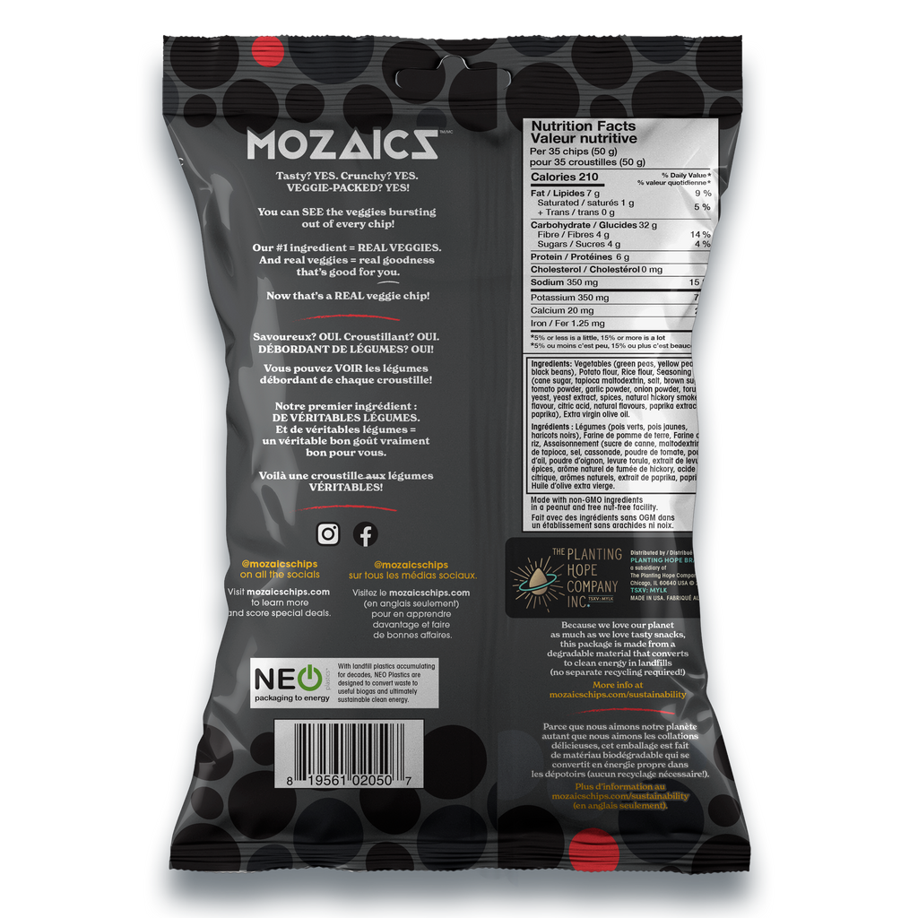 Healthy snack Mozaics Real Veggie Chips, back of BBQ package with Canadian labelling