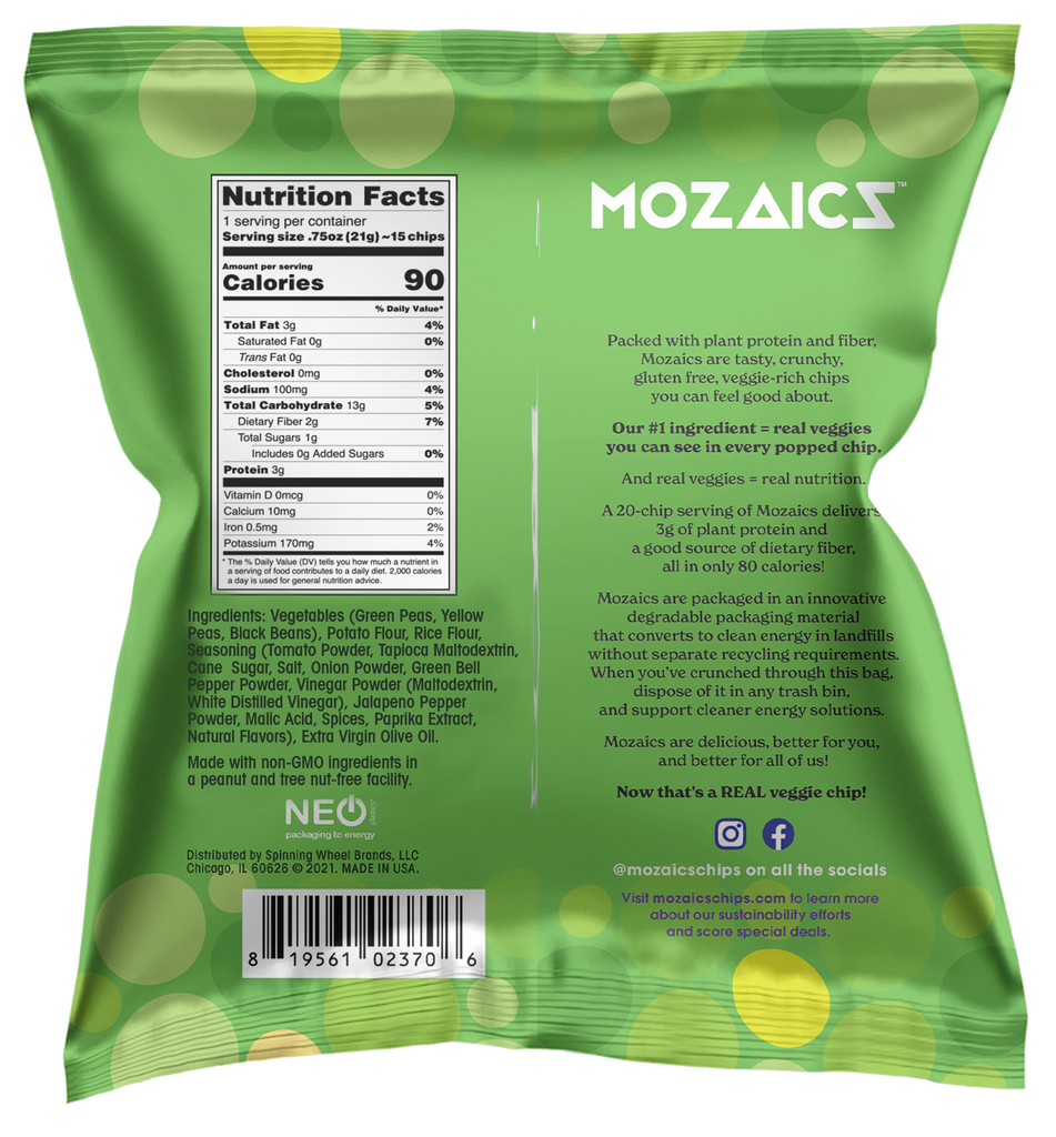 Healthy snack Mozaics Real Veggie Chips, back of Salsa package