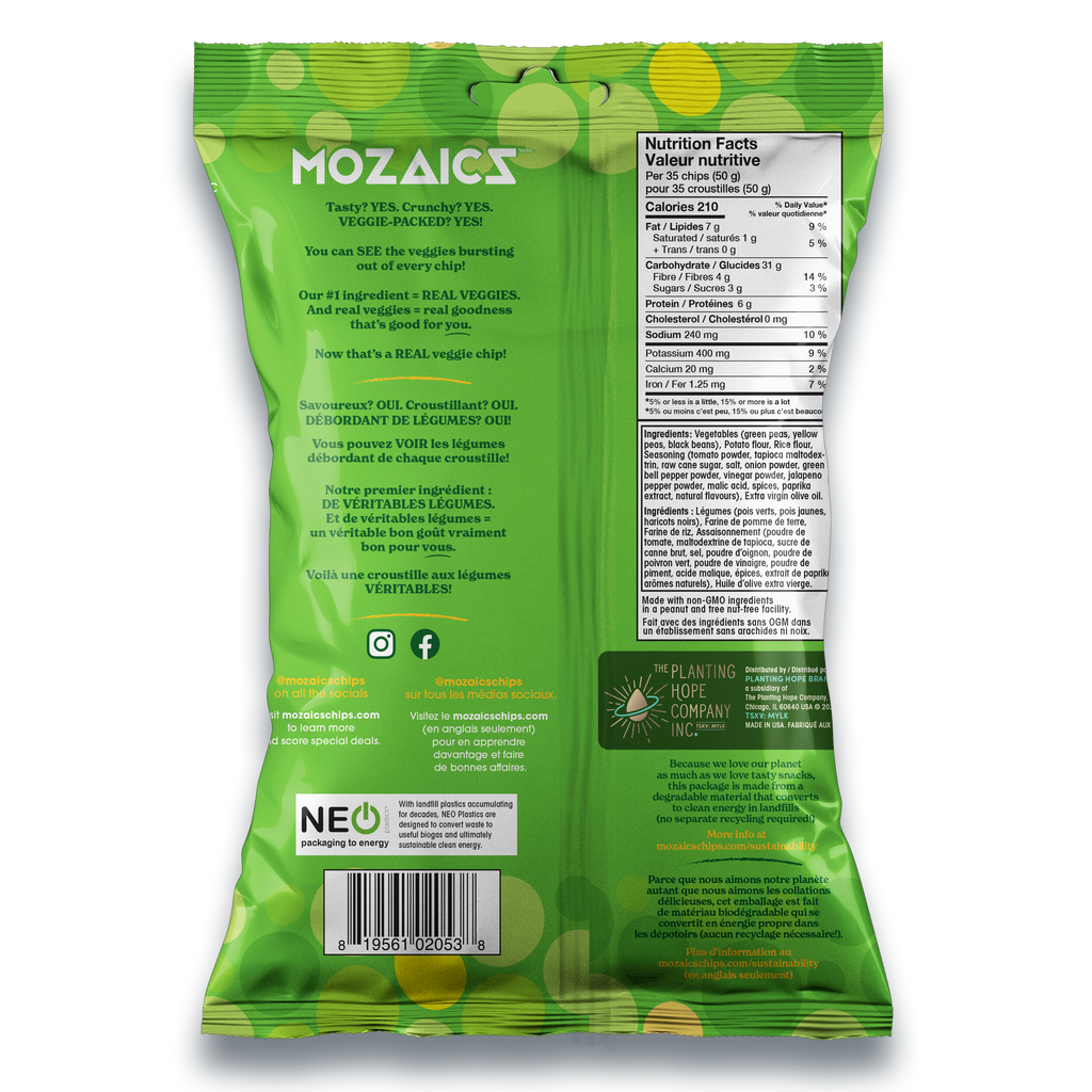 Healthy snack Mozaics Real Veggie Chips, back of Salsa package with Canadian labelling