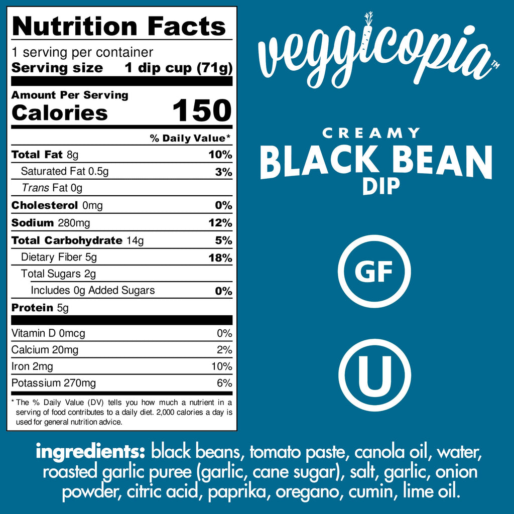 Veggicopia Creamy Black Bean Dip labelling with nutrition facts