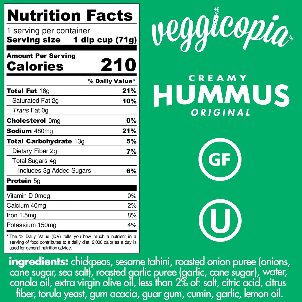 Veggicopia Creamy Hummus Original labelling with nutrition facts