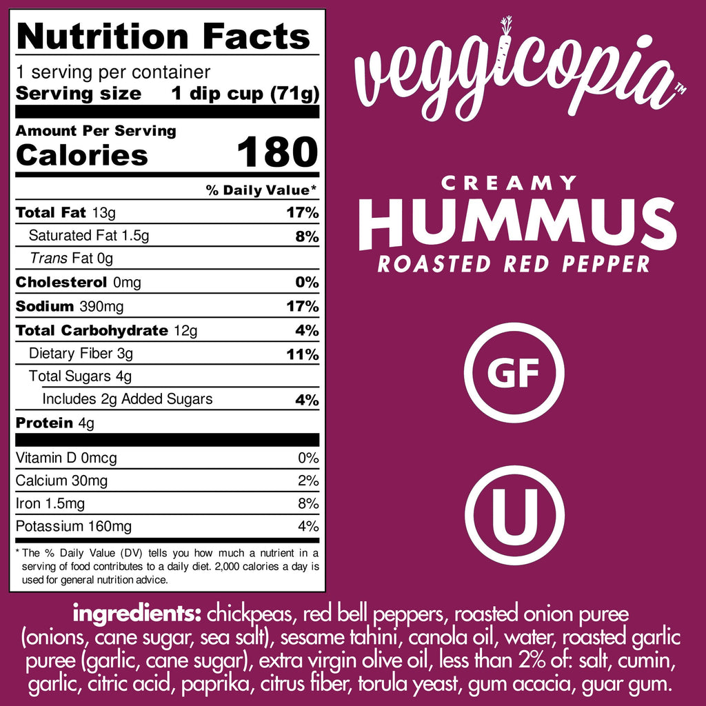 Veggicopia Creamy Hummus Roasted Red Pepper labelling with nutrition facts