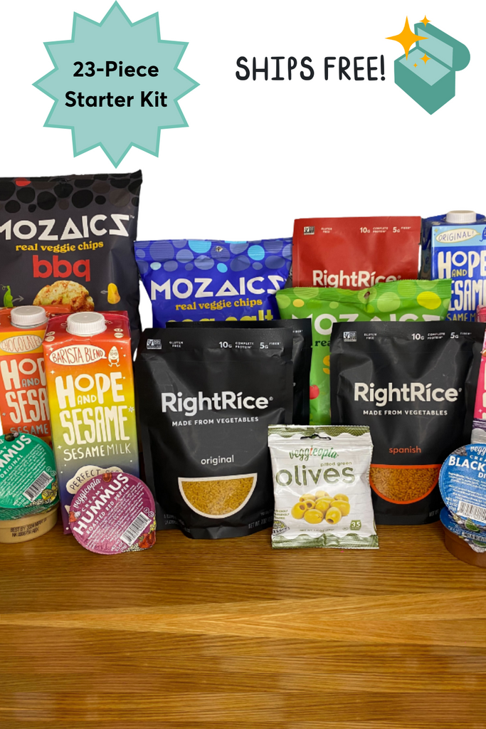 Picture of all 23 products that are included in Plant-Based Starter Kit with icon that says it ships free, includes; RightRice, Hope and Sesame, Mozaics and Veggicopia