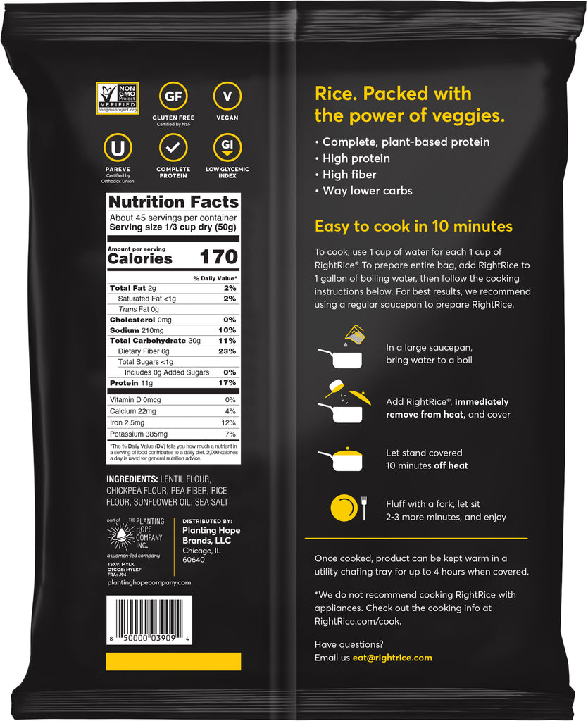 Rice alternative RightRice, RightRice Original back of foodservice package