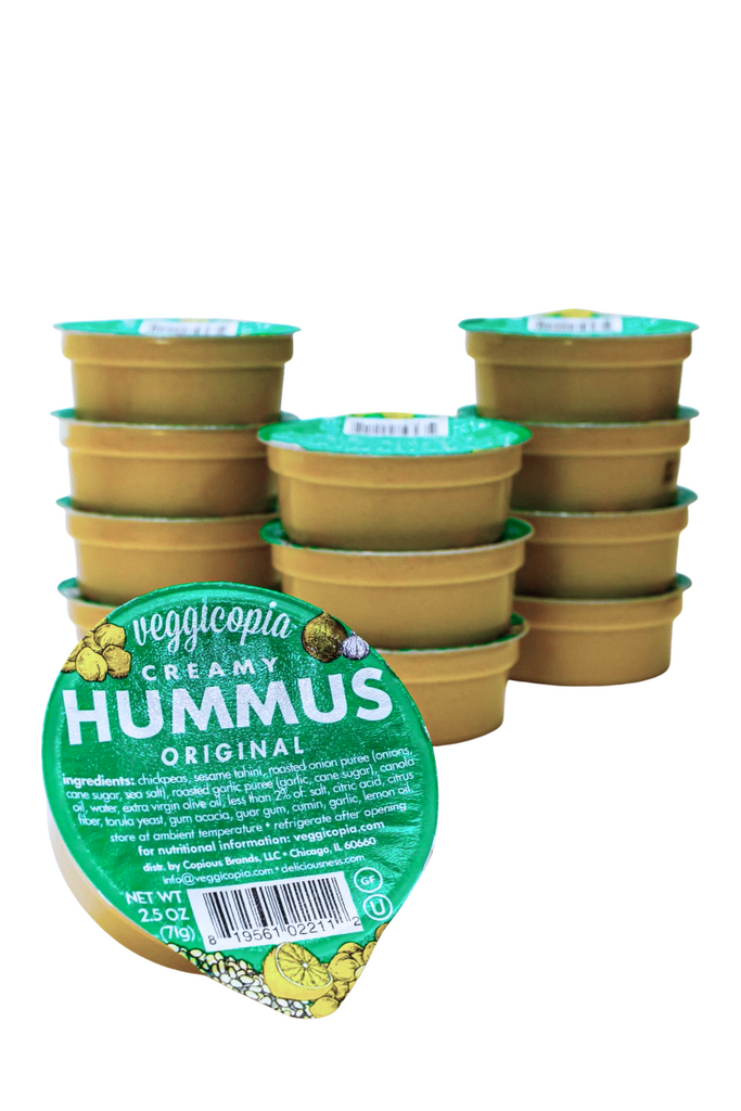 Snacks by Veggicopia, stacked containers of Creamy Hummus Original
