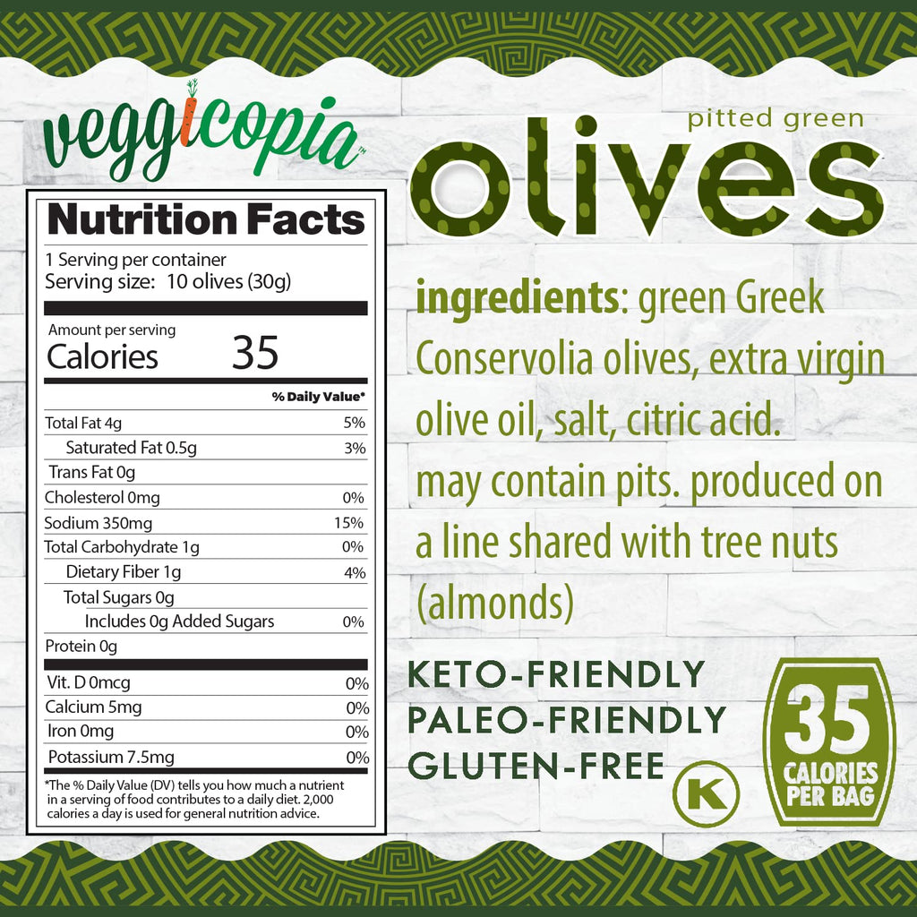 Veggicopia Olives in pitted green, back of package with nutrition facts